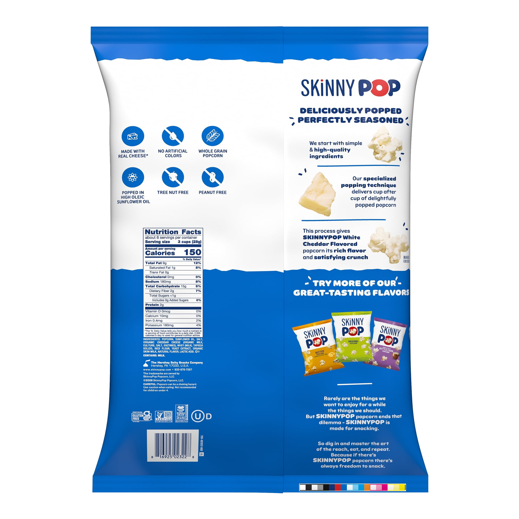 SKINNYPOP Gluten-Free White Cheddar Popcorn Snack, 8 oz Bag