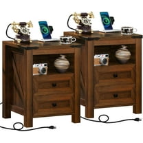 Nightstands Set of 2 with Charging Station, Farmhouse Side End Table with 2 Drawers and Open Shelf, Wood Rustic Sofa Table, Bedside Cabinet for Bedroom, Living Room, Closet, Office(Brown)