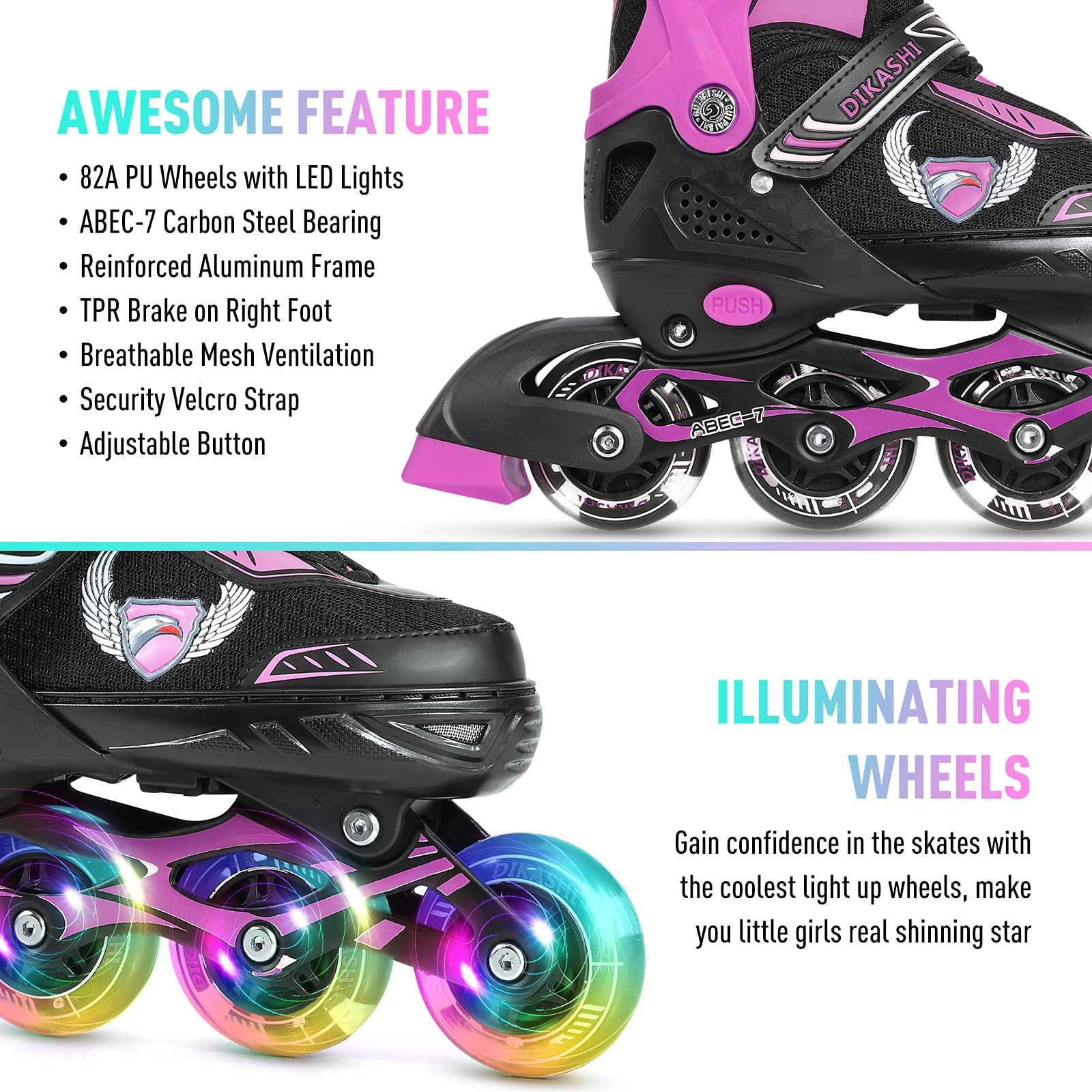 Light Up Led Inline Skates Pu Wheels Outdoor and Indoor Rollerblades Rubber Wheels Pack of 4 