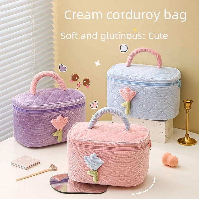 Bolsa de maquillaje de pana color crema con diseño de tulipán, de cera suave y decorativa, bolsa de maquillaje portátil de gran capacidad
