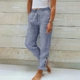 thumbnail image 2 of Under $10 Women's Linen Pants Stripe Printed Waist Drawstring Side Button Straight Leg Trousers Summer Lounge Pants with Pocket, 2 of 5