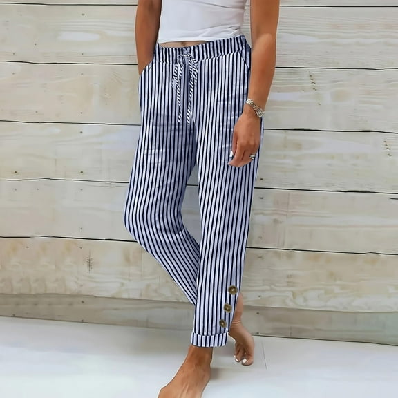 AUNVITO Women's Stripe Print Drawstring Casual Elastic Waist Loose Fit Pockets Comfortable Long Pants Vintage Y2K