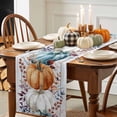 thumbnail image 4 of Fall Table Runner Thanksgiving Orange Blue White Pumpkin Table Runners Autumn Eucalyptus Leaf Wood Grain Cotton Linen Dresser Scarf Kitchen Dining Table Decor for Fall Holiday Party Decor 13x36 Inch, 4 of 9