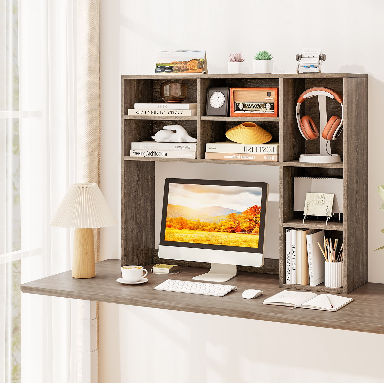 Patiojoy Desktop Bookshelf 37" Countertop Storage Hutch with 7 Cubes & 3 Adjustable Shelves 3-Tier Desk Display Rack Organizer Desktop Hutch Oak
