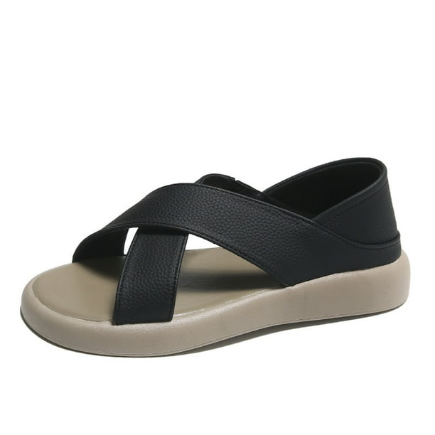 Sandalias planas de cuero suave para mujer, estilo coreano, de verano, con suela suave y ligera, a la moda, estilo romano