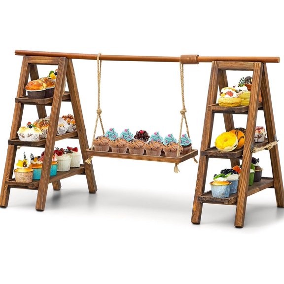 Wooden Double 3 Tier Serving Tray Ladder Stand with Serving Platter Tray Party Food Display Set for Cake Snack Fruit Chips Bread Centerpieces(20 x 30 Inches,Dark Walnut)