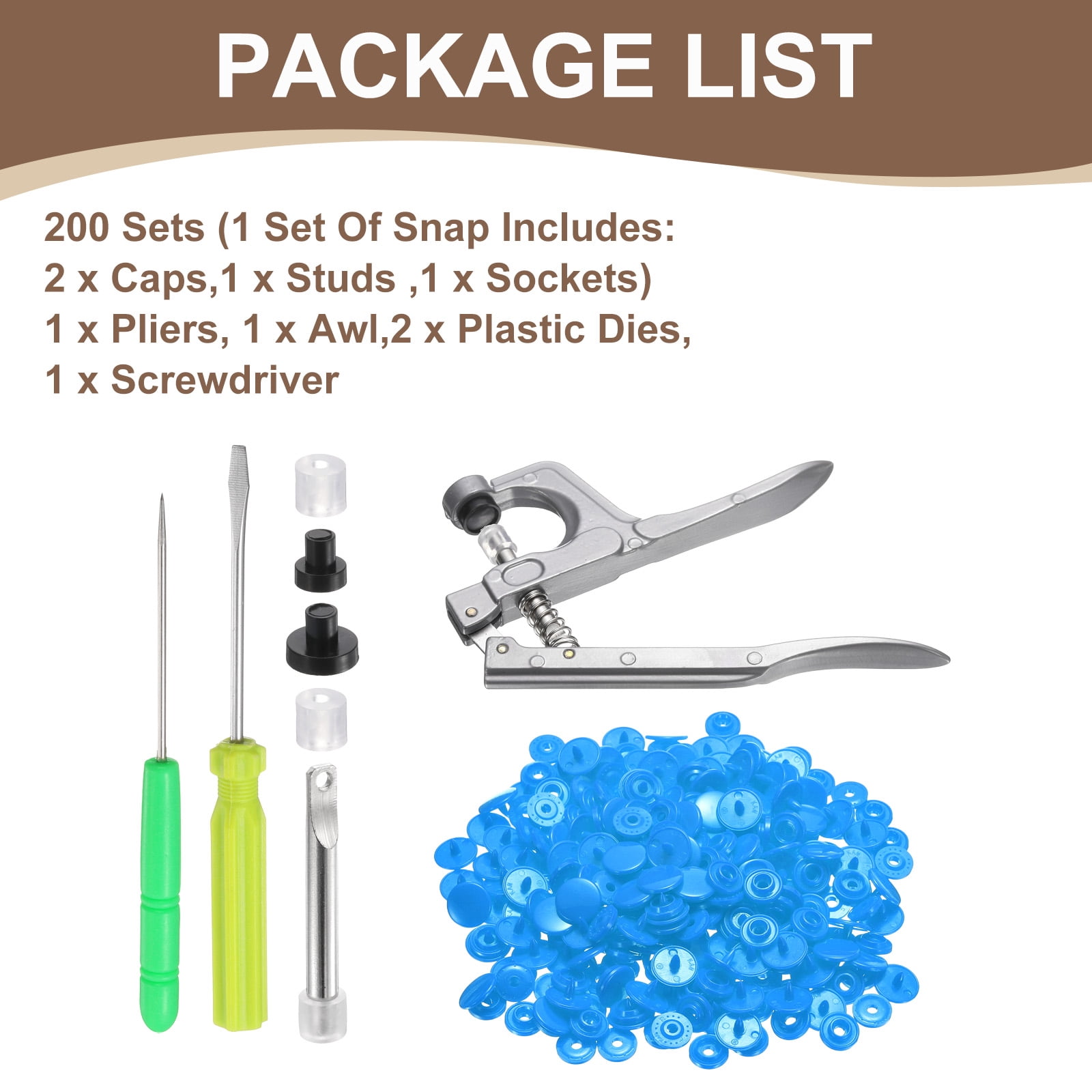 Uxcell Plastic Snaps Fasteners with Snap Pliers, 200 Set T3 Round Resin No-Sew Button Snap Fasteners Kit Sky Blue