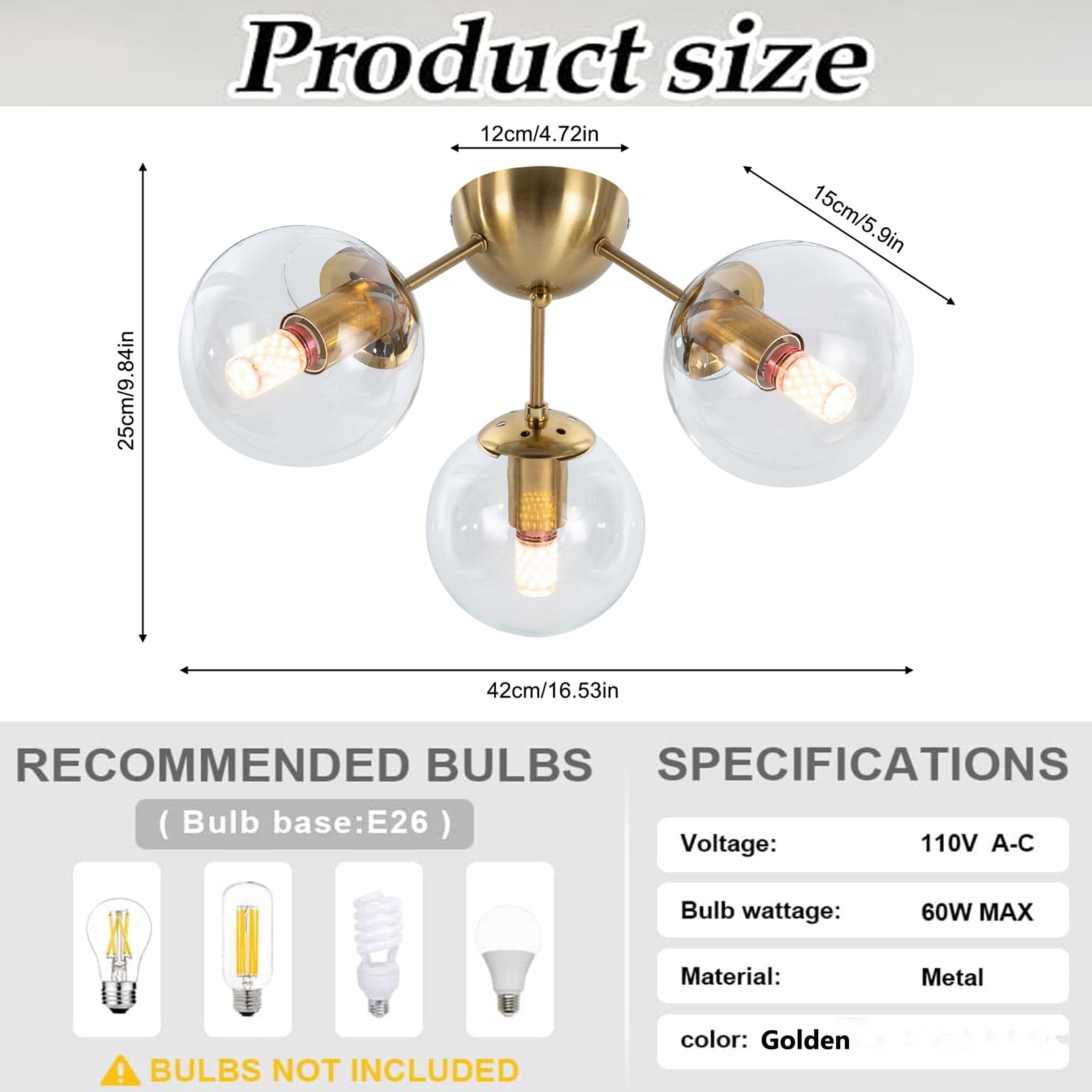 Wildnix Modern Gold Ceiling Light with Glass Lampshades, Adjustable Lighting Colors, and 60W Bulb Capacity for Living Room, Bedroom, and Hallway