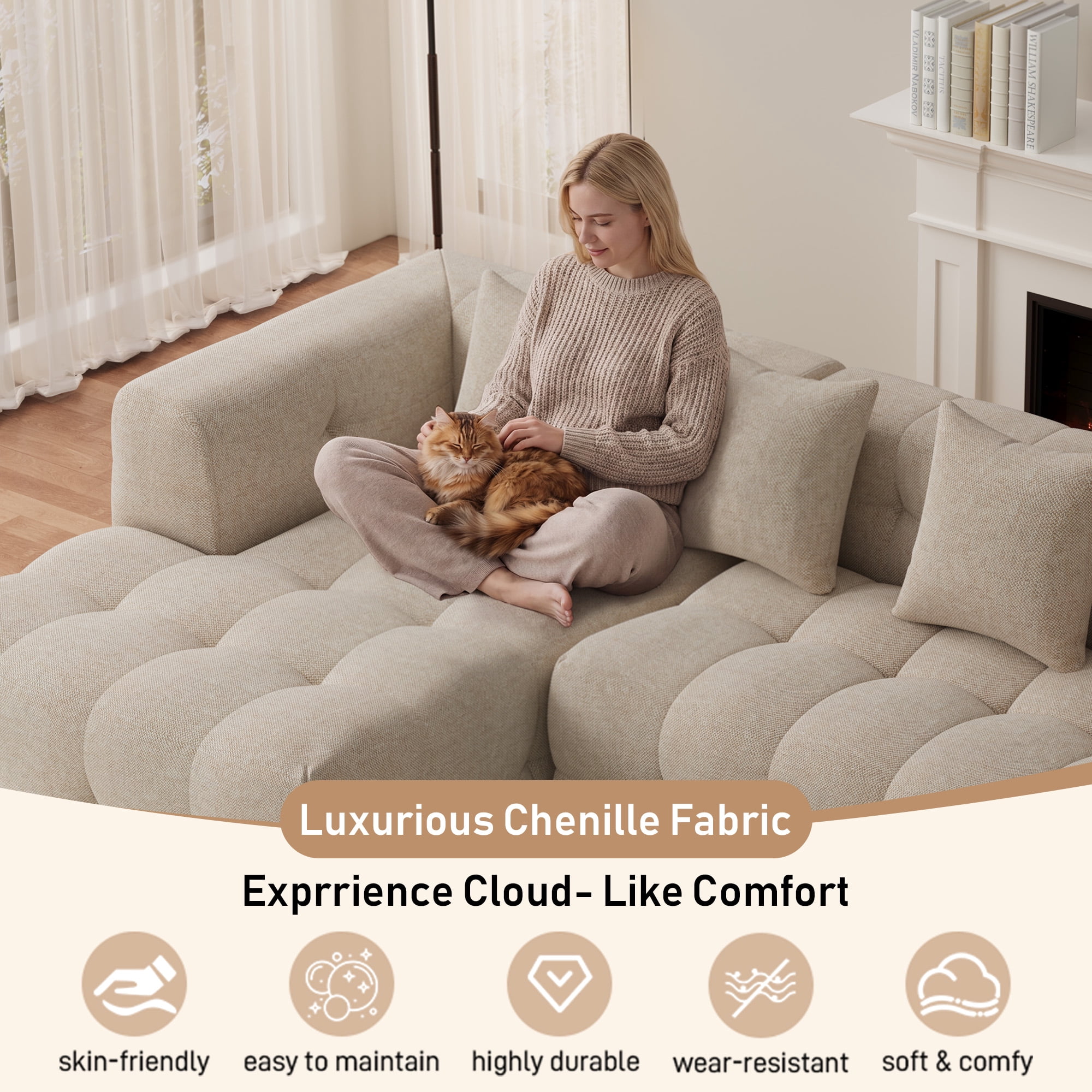 Wiilayok 120" Boneless Oversized Cloud Couch, Left Facing L-Shaped Chenille Sectional Sofa with Chaise Lounge, Deep Seat Upholstered Living Room Sofa with 4 Pillows, No Assembly, Light Brown