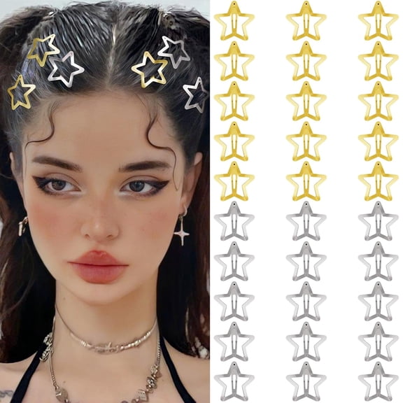 BZCOE Star Hair Clips 2000S Y2K Snap Hair Barrettes Non Slip Star Hair Accessories Gold Silver Metal Hair Clips for Girls Women Gold Star Hair Clips -30 Pcs 1.18"