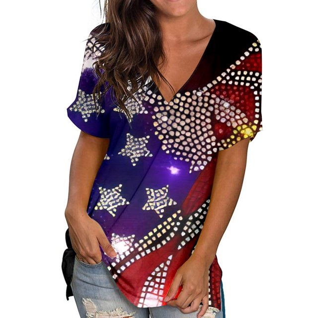 Hauts d'Été Grande Taille Femmes Décontracté Femmes T-Shirts à Col Rond Imprimés Manches Courtes T-Shirt Blouse Hauts Amples T-Shirt à Col en V Femmes en Liquidation