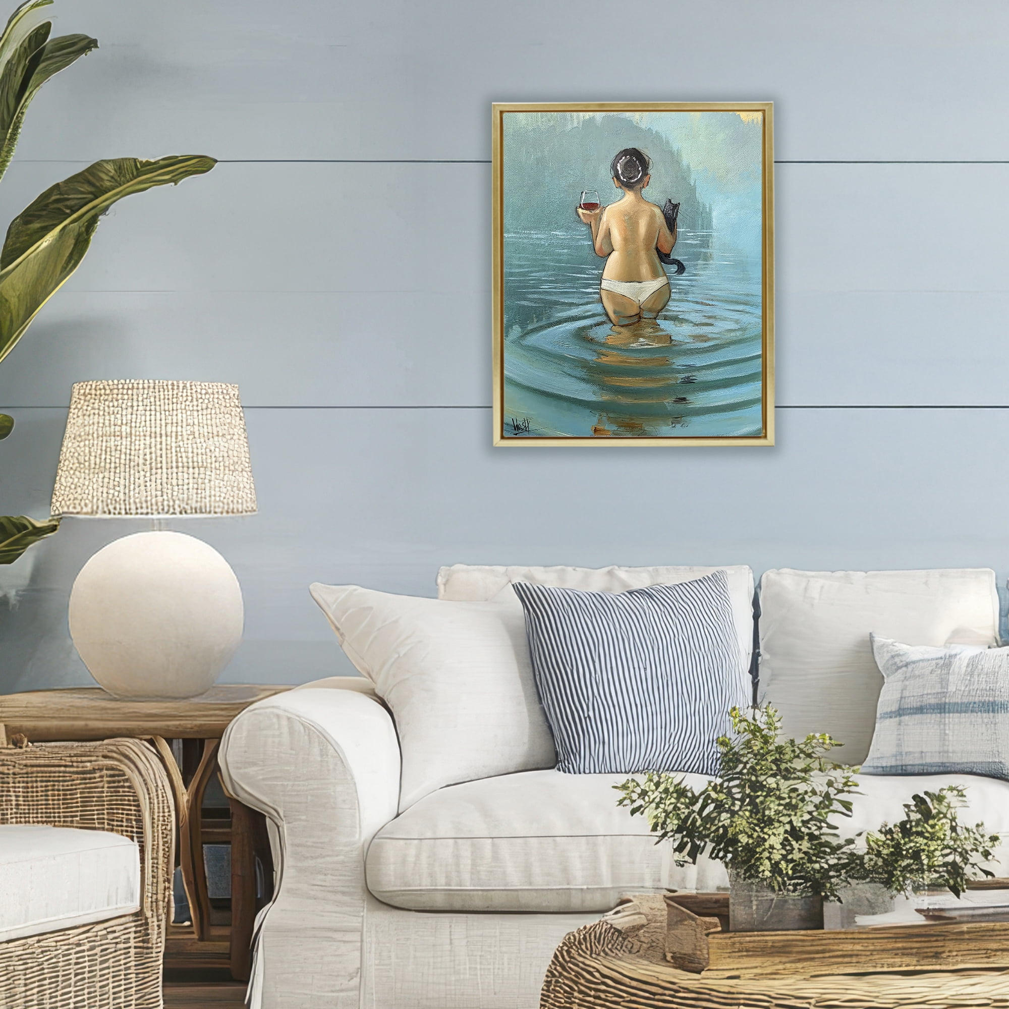 Stupell Industries Cat & Wine Dip At Twilight Gold Framed Floater Canvas Wall Art, design by Ronald West