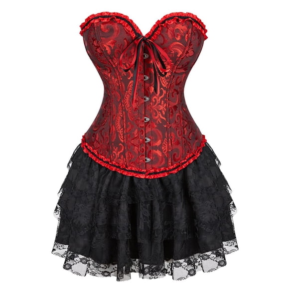 Grebrafan Women Vintage Palace Jacquard Bustier Corsets with Skirt XS Dark Red