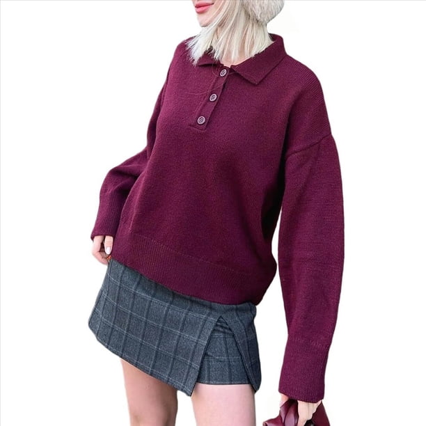 Suéter Informal Holgado de Larga con Solapa para Mujer, Color Liso, Estilo Holgado, de Punto. Rojo Vino S