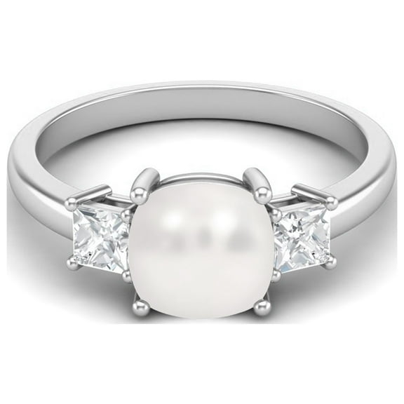 7MM Cushion Shape Natural Pearl Gemstone 925 Sterling Silver Three Stone Women Valentines Day Gifts Ring