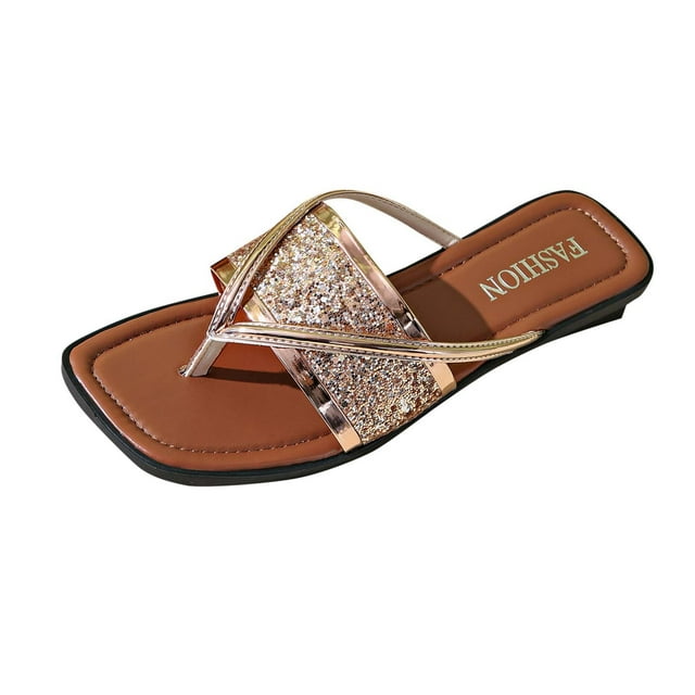 Flip Flops for Women Square Toe Sequin Thick Sole Non Slip Summer Beach Sandals Gold