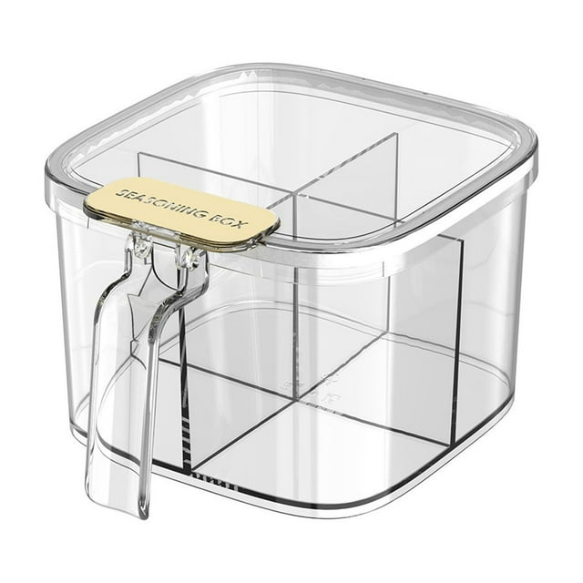 Ensemble de Pots à Épices en Plastique avec 4 Compartiments pour le Rangement d'Assaisonnements de Cuisine 6.69 Po x 5.39 Po x 3.84 Po Design Transparent avec Poignée
