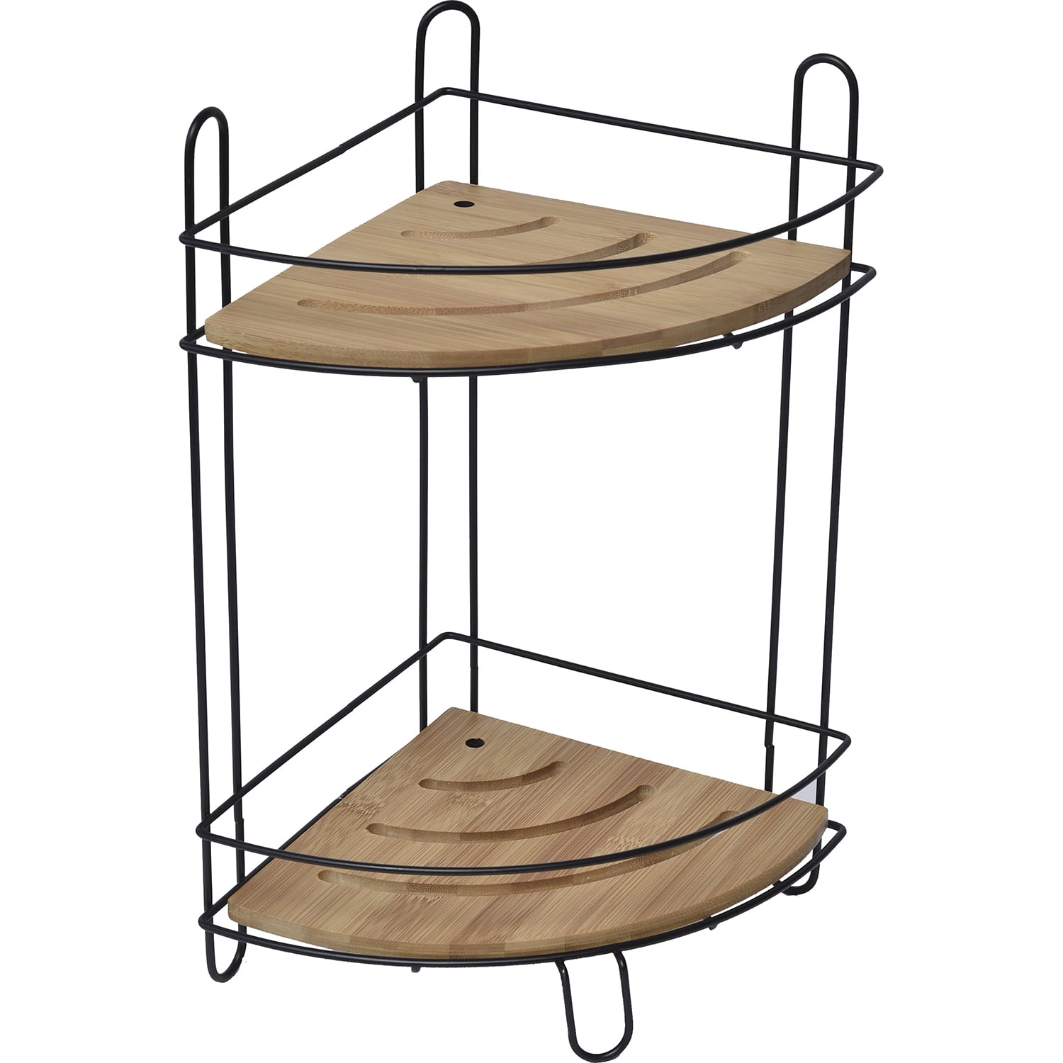 Freestanding Metal Wire Corner Shower Caddy 2 Bamboo Shelves Brown