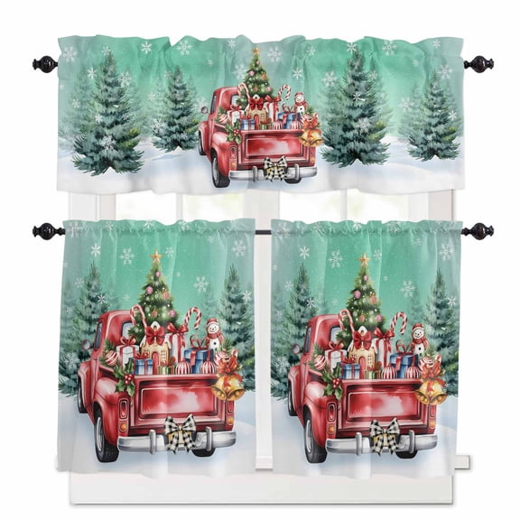 Christmas Bear Curtain Valances Set Xmas Tree and Gifts Snowflake Red Kitchen Curtains 24 inch Length Rod Pocket Valance and Tiers 3 Piece Set Small Bedroom Bathroom Laundry Decor