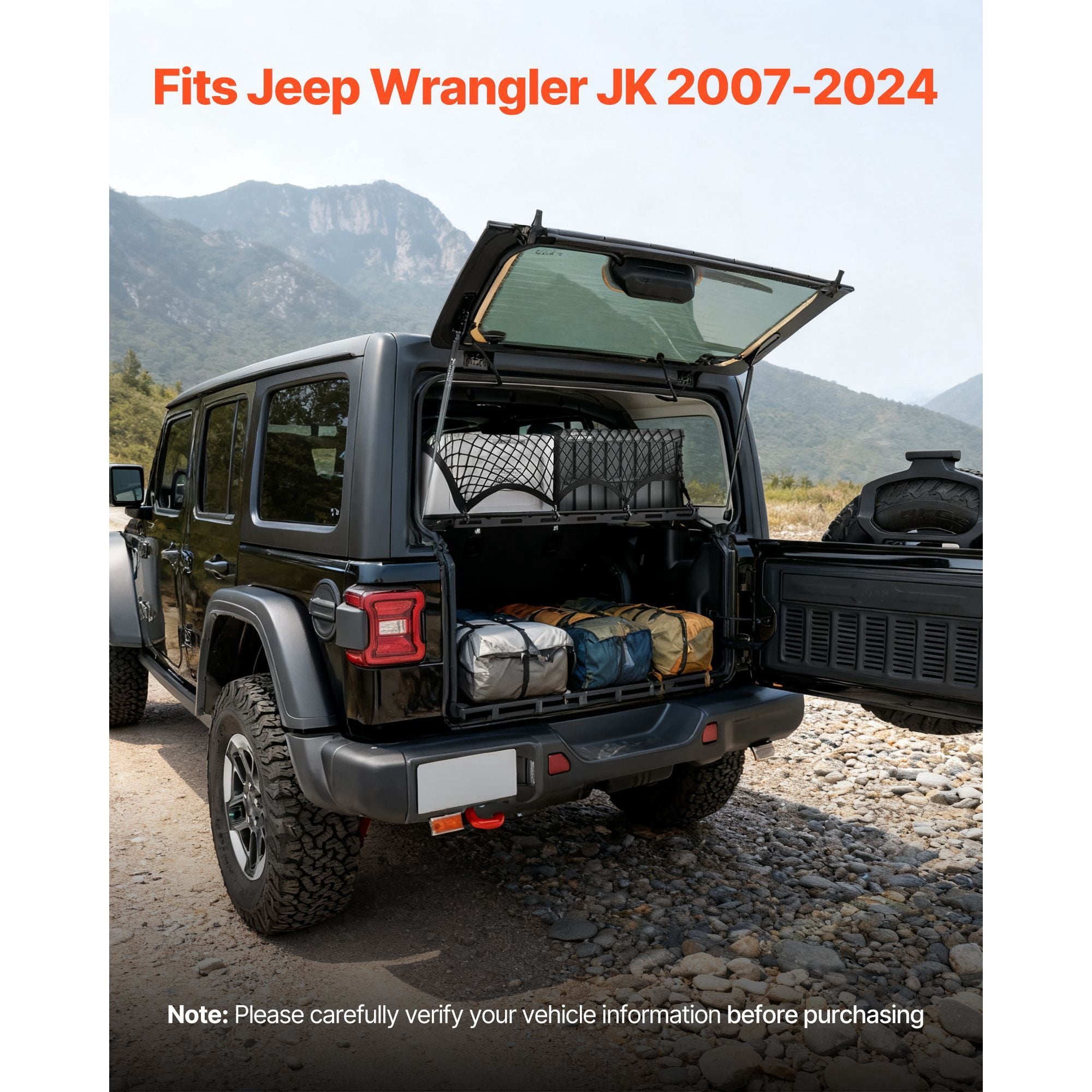 Rear Trunk Cargo Rack, for 2007-2024 Jeep Wrangler JK, 300 lbs Capacity, Carbon Steel Basket Tray Interior Storage Luggage Carrier with Net, Shelf Stand Organizer for Camping Trip Gear, Black