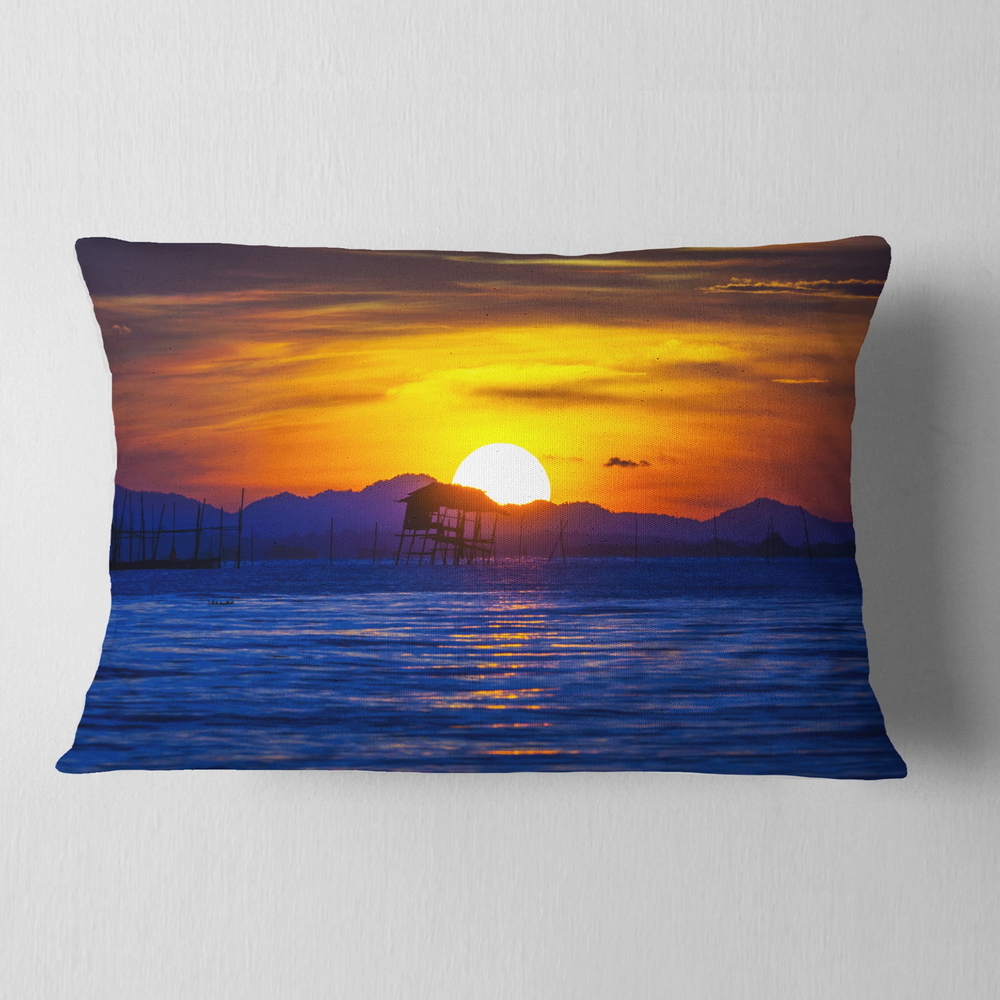 Designart Old Wooden Pavilion in Sea - Seascape Throw Pillow - 12x20