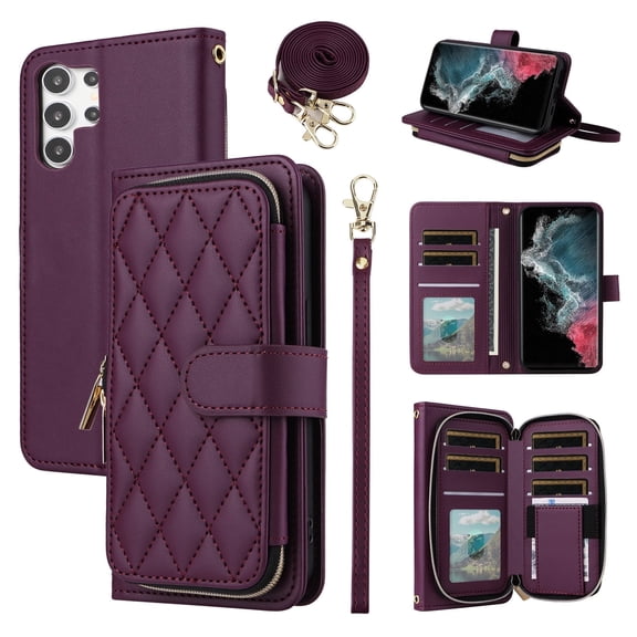 Furiet Argyle Wallet Case for Samsung Galaxy S25 Ultra 5G with Wrist Strap Shoulder Strap, Card Slots Zipper Purse Stand Checkered Phone Cover for S25Ultra 25S S 25 25Ultra Women Girls Deep Purple