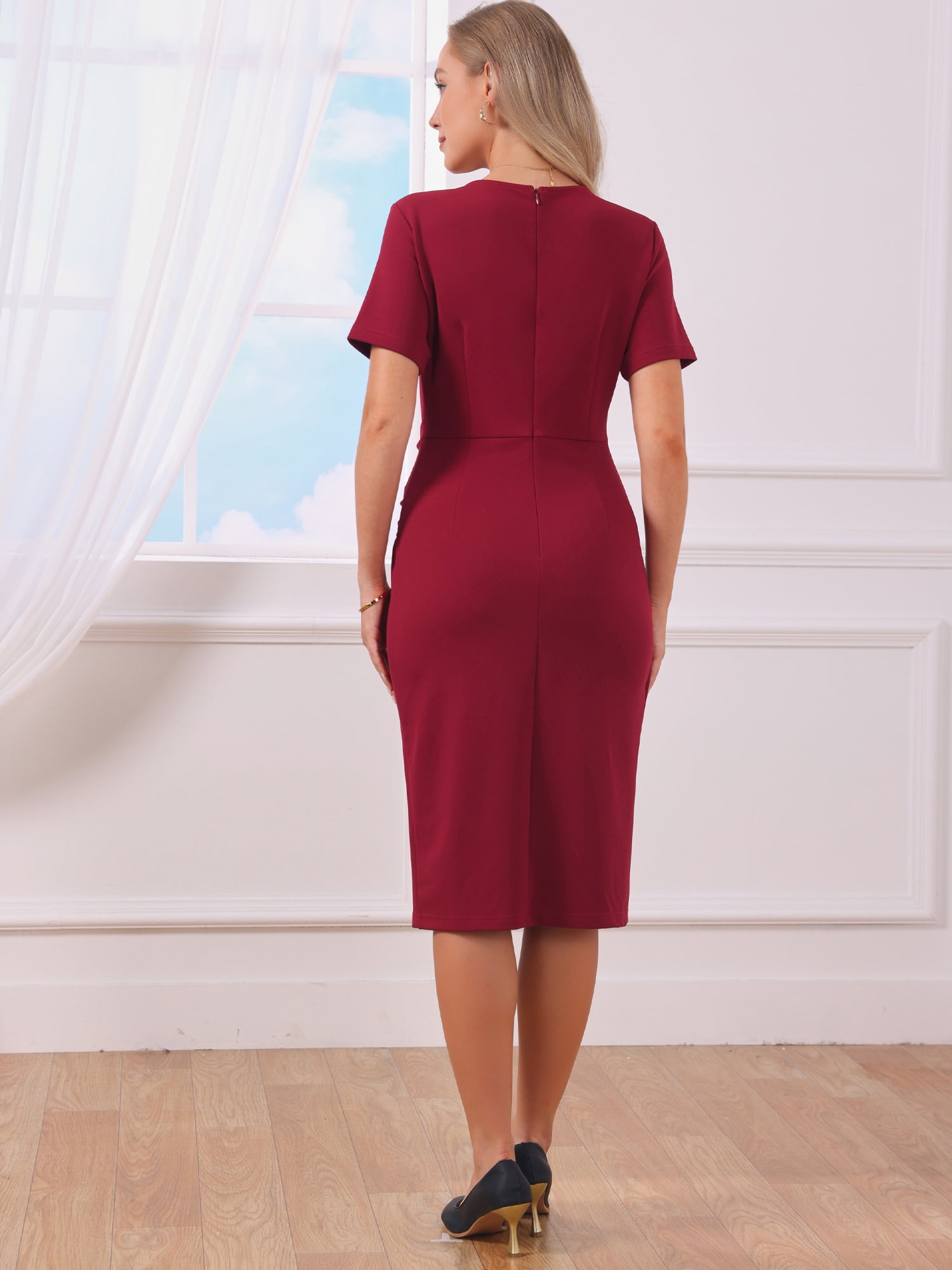 DARING DIVA Women's Short Sleeve Crew Neck Bodycon Sheath Midi Dress S Wine Red