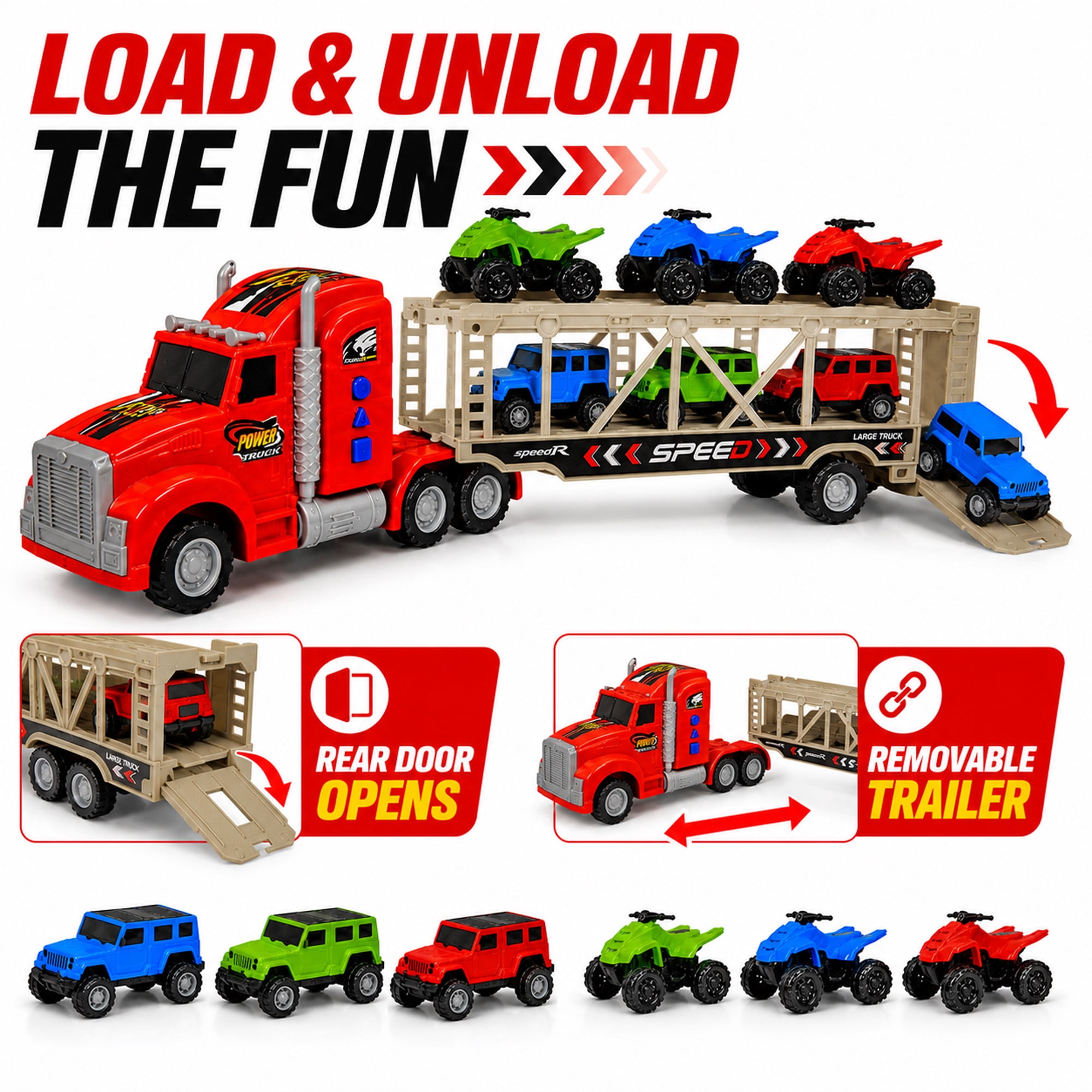 23-Inch Friction-Powered Car Carrier Truck Toy with 6 Mini Vehicles, Lights and Sounds, Detachable Trailer and Opening Rear Door