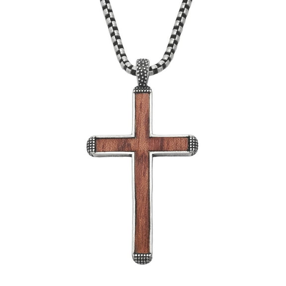 MetalJC Jesus Cross Necklace for Men, Wood Cross Pendant with 23.6in Chain