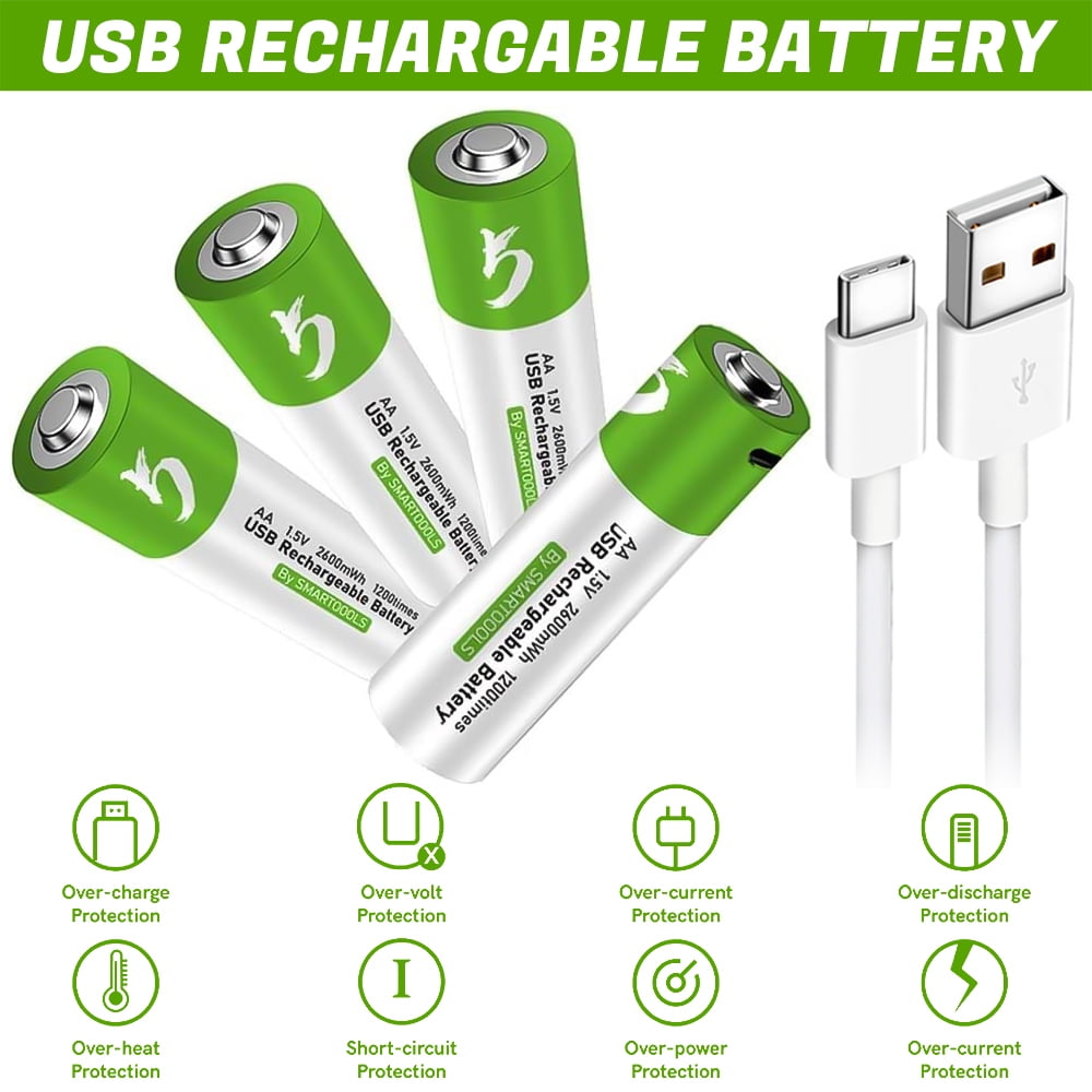 USB AA Lithium ion Rechargeable AA Battery, High Capacity 1.5V 2600mWh ...