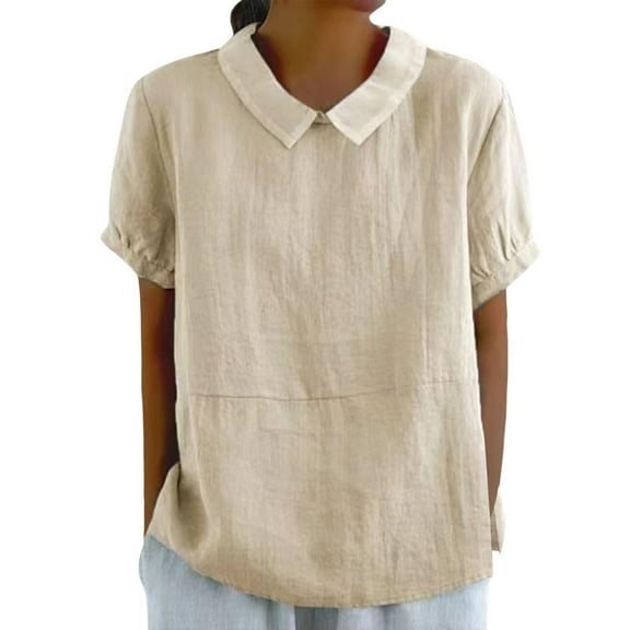 Uooqdmx Womens Tops Casual, Gauze Tops for Women, Womens T Shirts Loose Fit, Peter Pan Collar Shirt Women, Linen Shirts for Women, Beige L