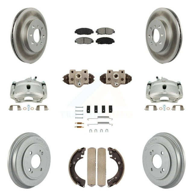 Transit Auto Front Rear Disc Brake Caliper Coated Rotors Drums Semi-Metallic Pads Shoes Wheel Cylinders and Hardware Kit (11Pc) for Car Honda Civic KCG-100375S