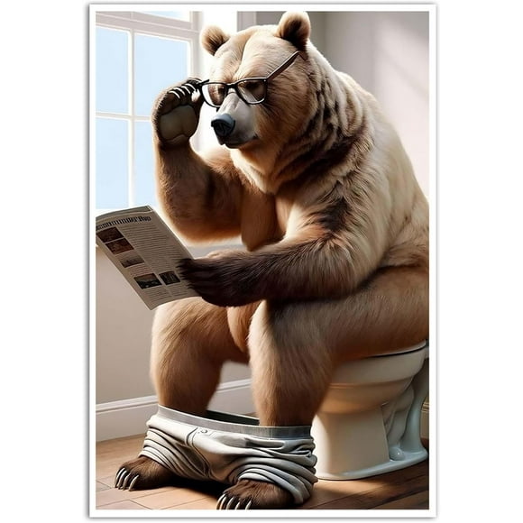 Funny Bear Bathroom Canvas Wall Art Funny Bear Going Toilet with Glasses Reading Newspaper Funny Animal Poster Funny Bear Bathroom Picture Art Print Whimsical Animal Wall Art Bathroom Decor Poster