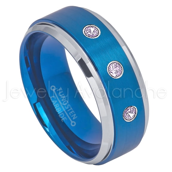 2-Tone Blue IP Tungsten Ring - 0.21ctw Amethyst 3-stone Band - Personalized Tungsten Wedding Ring - Custom Made February Birthstone Ring TN693BS