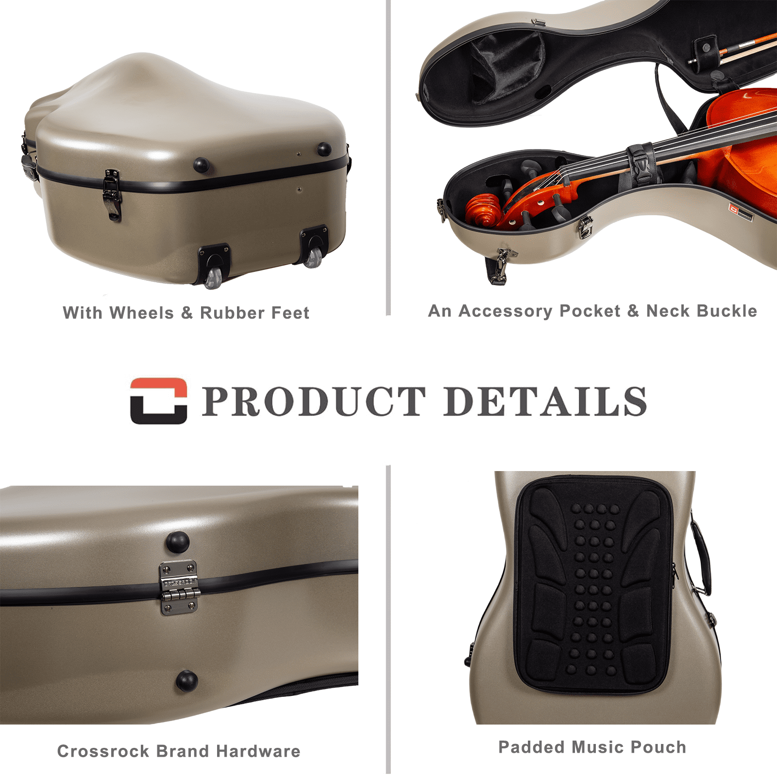 Crossrock Poly Carbon Case with Wheels fits 4/4 Full Size Cello, Includes Outside Music Pouch, 3 Handles, Detachable Straps-Champagne
