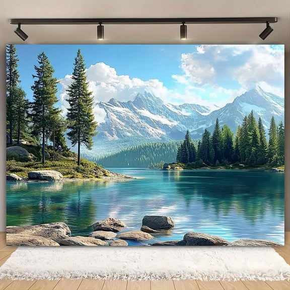 Serene Mountain Lake Scenery Backdrop Mountains Clear Lake Trees Nature Photography Background Blue Sky Snow Mountain Party Decorations Banner Supplies Photo Booth Props