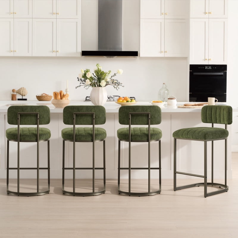 Spruce & Spring 30.5" Swivel Bar Stools Set of 3, Upholstered Bar Chairs with Curved Back & Channel Tufting, Metal Base for Kitchen Island & Home Bar, Green