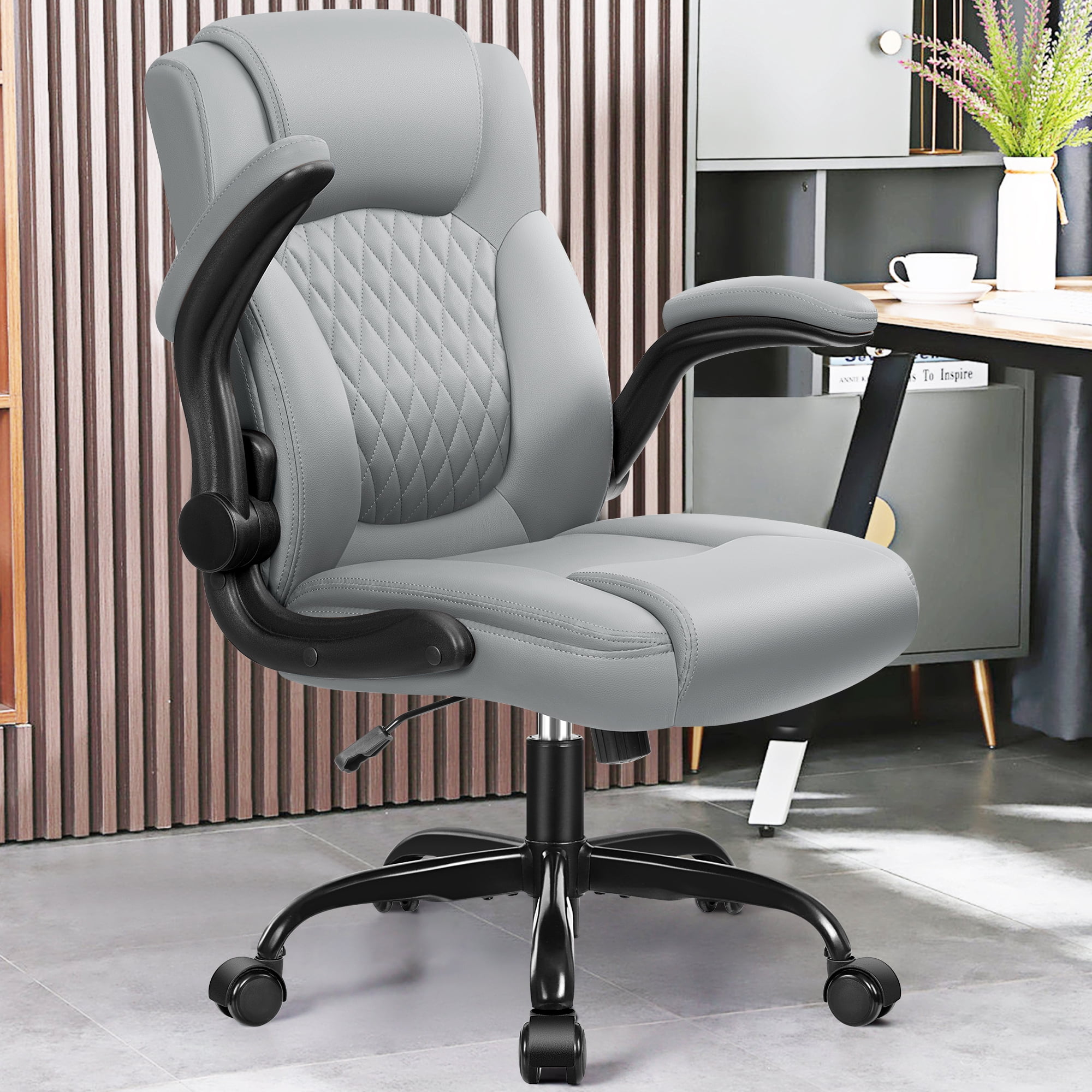 Brick Attic Leather Office Chair, Home Computer Desk Chairs with Ergonomic Back Support, 360°Swivel Free, Small Gaming Chair with Wheels and Adjustable Armrests, Gray