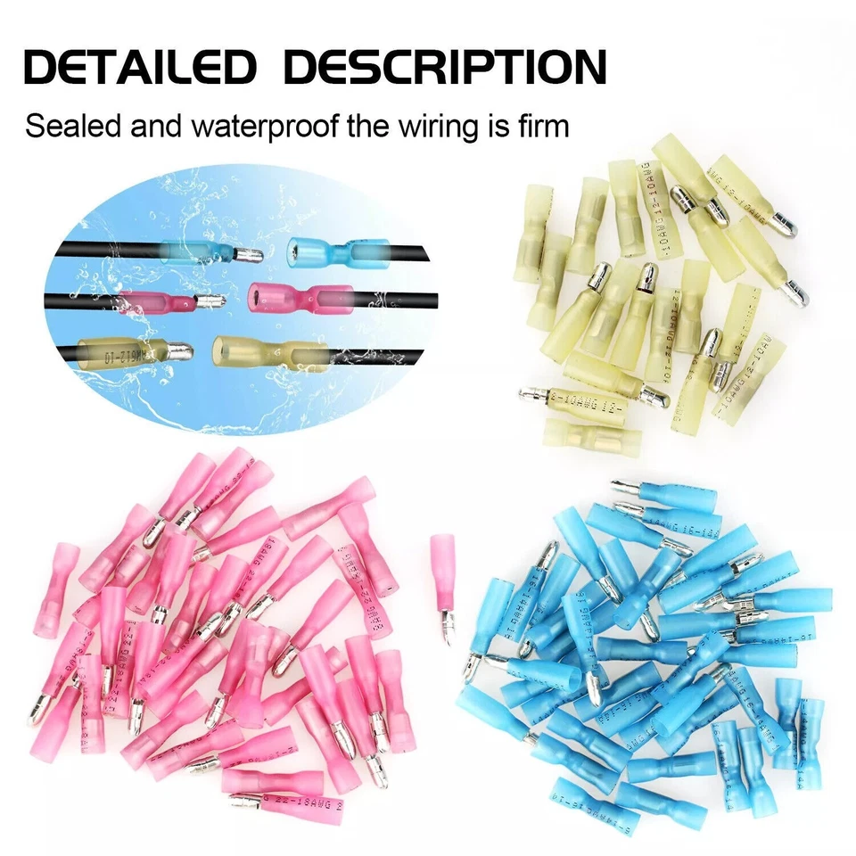 200Pcs Butt Wire Splice Connectors Heat Shrink Seal Crimp Terminals Waterproof