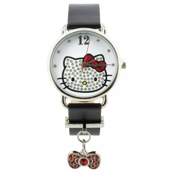 Hello Kitty Blinged Out Analog Wrist Watch with Black Band and Charm