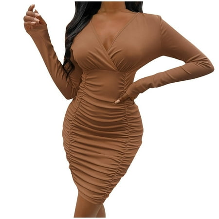 

Inkach Women Fashion Casual Buttocks Solid Colorlong Sleeve V Neck Strapless Dress