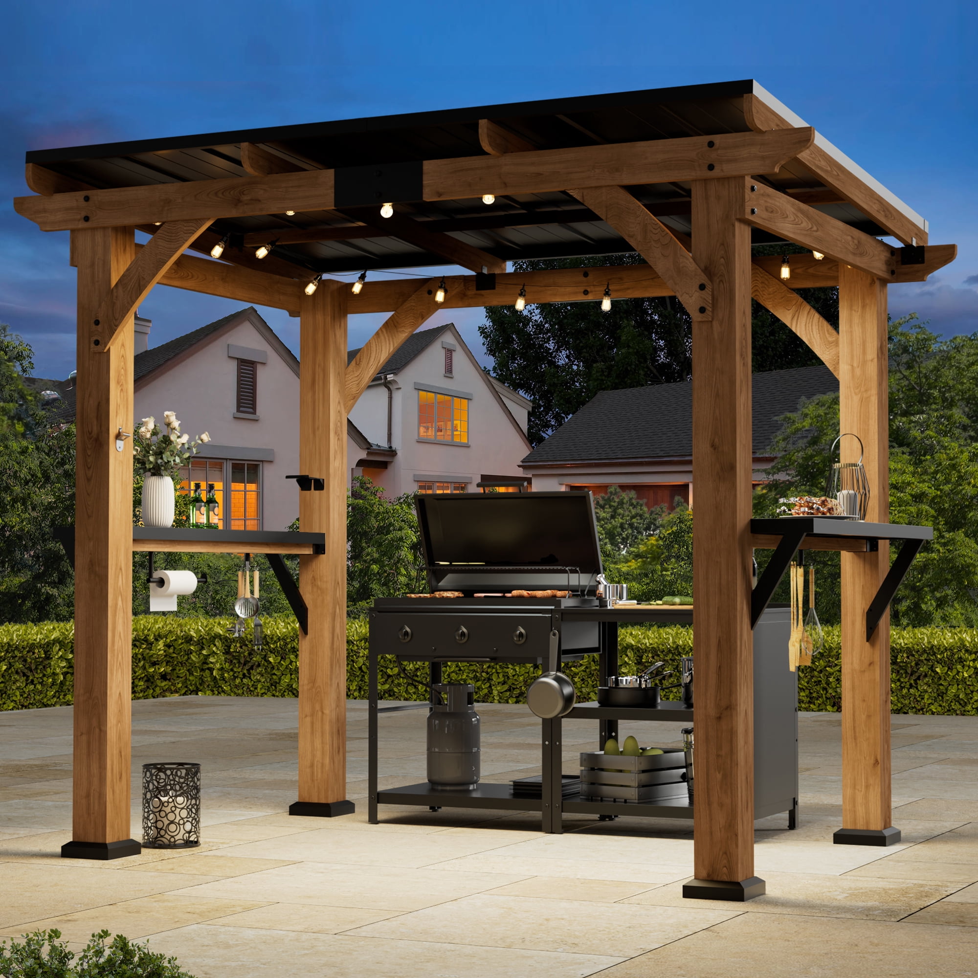 Modern Cedar Wood Grill Gazebo with Steel Roof & Shelving, 6' x 8', Patio BBQ Gazebo with USB Charging Ports