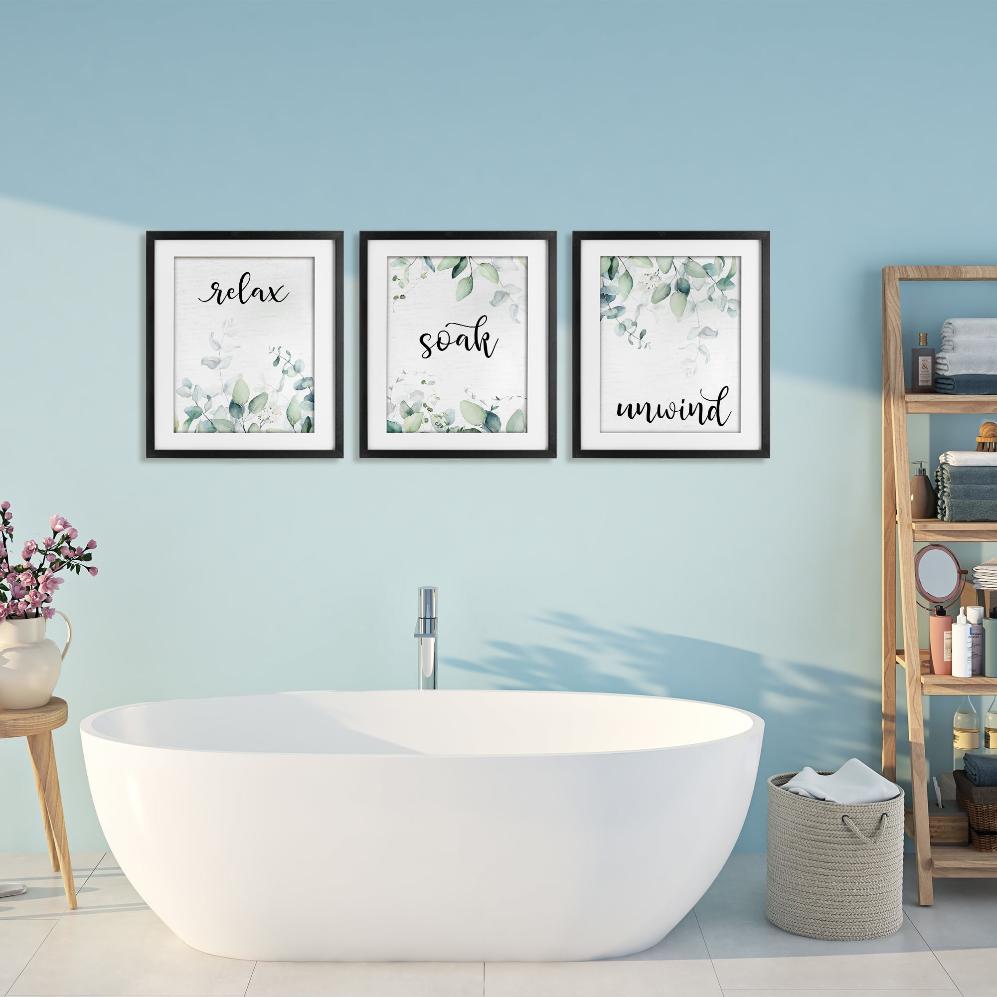Leafy Bathroom Herbs 3 Piece Black Framed Print Under Glass Set, design by Lettered and Lined