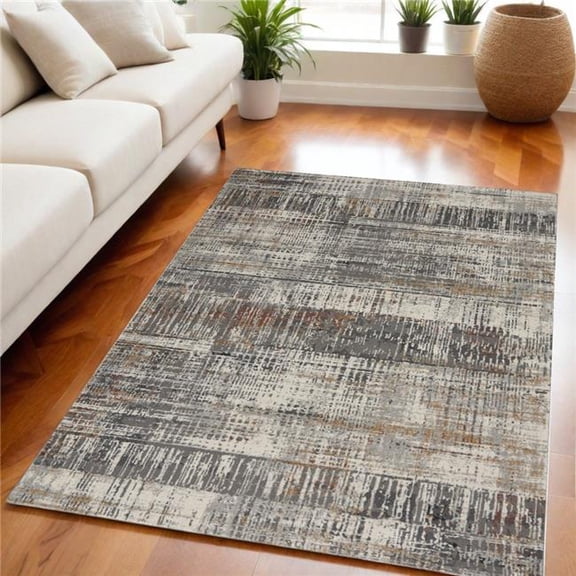 HomeRoots 550791 5 x 7 ft. Abstract Rectangle Area Rug, Ivory, Gray & Golden Brown