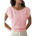 thumbnail image 3 of Women'S Summer Off Shoulder Floral Sweaters Cap Sleeve Loose Knit Cute Pullover Tops Pink S, 3 of 8
