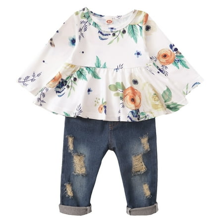 

2pcs Floral Printed Long Sleeve Pleated Dress Top & Ripped Jeans Baby Girls Long Sleeve Pullover Trousers Set