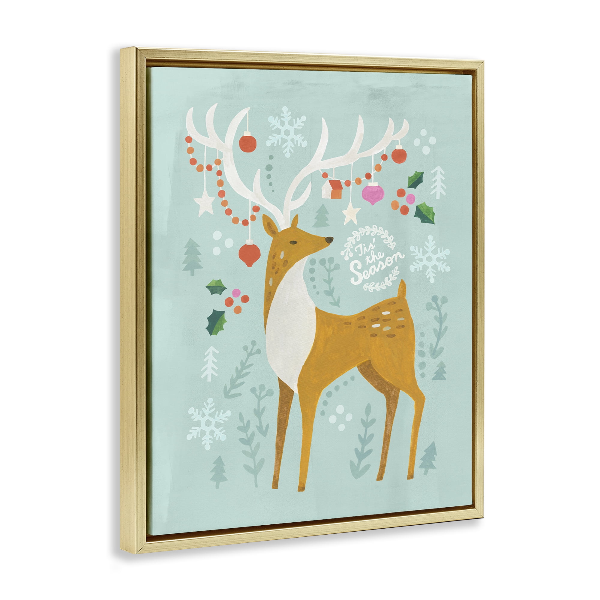 Stupell Industries Tis The Season Reindeer Holiday Painting Gold Floater Framed Canvas Art Prints Wall Art, 17 x 21