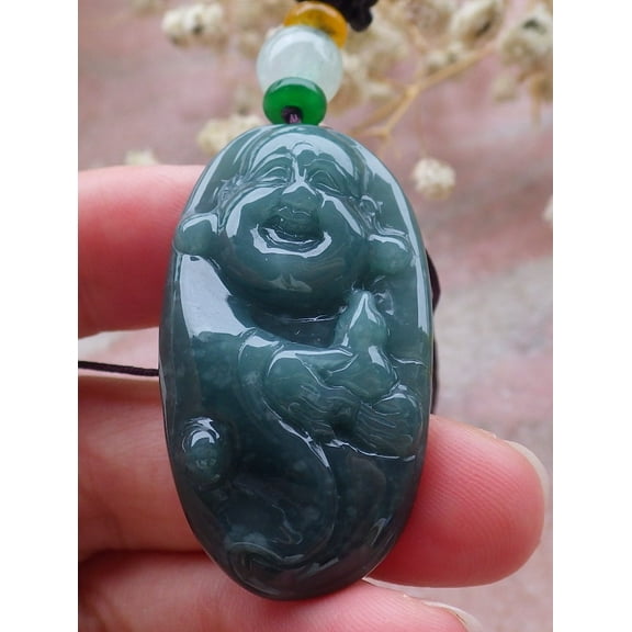 Certified Green Burma 100% Natural A Jade jadeite pendant Happy Buddha God Gourd Necklace590066 TN