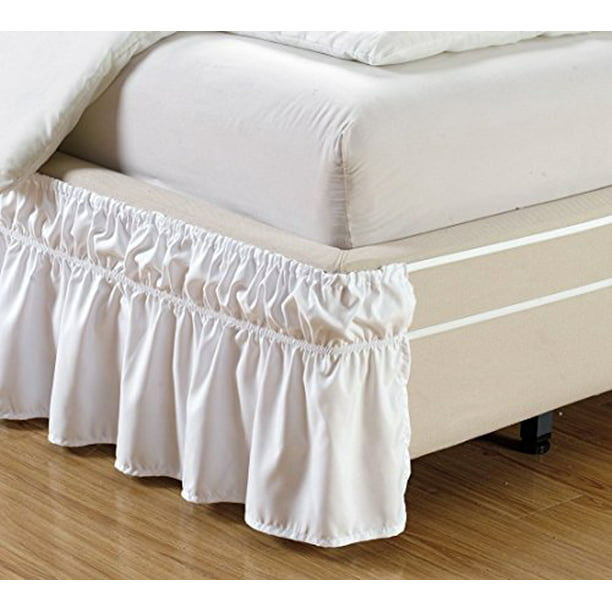 Wrap Around White Ruffled Elastic Solid, Cal King Linen Bed Skirt