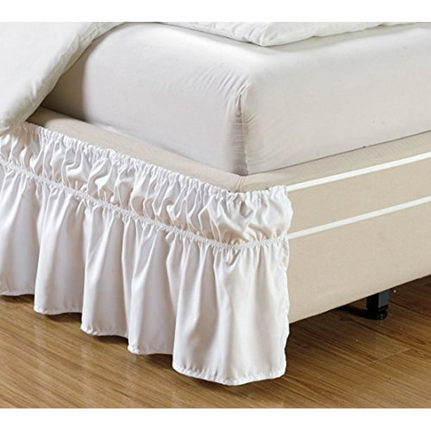 Grand Linen 15 Inch Fall Wrap Around White Ruffled Elastic Solid Bed Skirt Fits All Queen Wrap Around White Ruffled Elastic Solid, Cal King Linen Bed Skirt